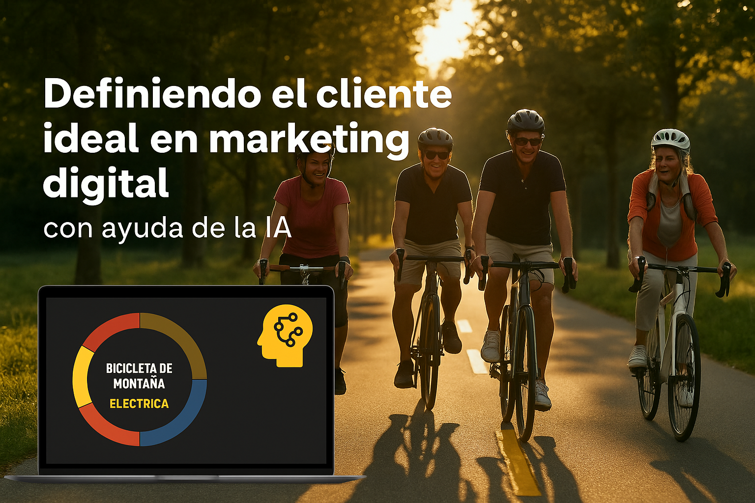 Cuatro ciclistas en una carretera con un portátil mostrando análisis de datos para descifrar al cliente ideal con IA